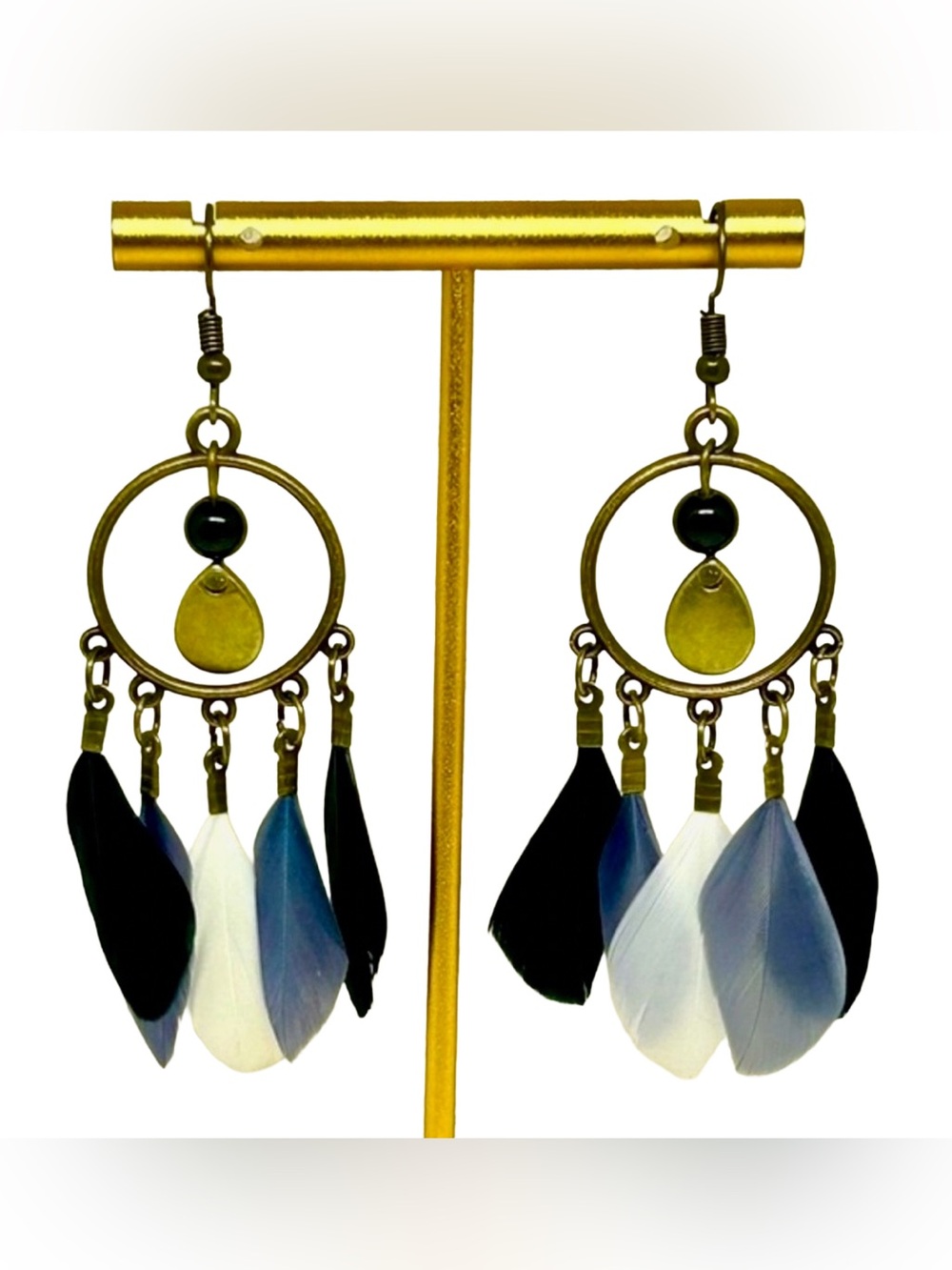 Handmade Dream Catcher Feather Earrings with Obsidian Gemstones
